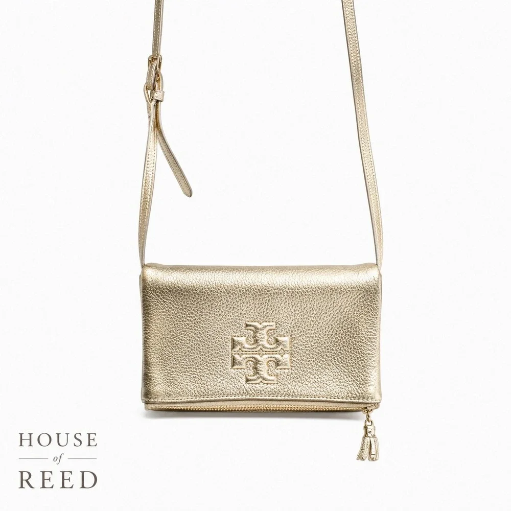 Tory Burch Metallic Gold Leather Fold Over Crossbody Clutch Bag Adjustable Strap